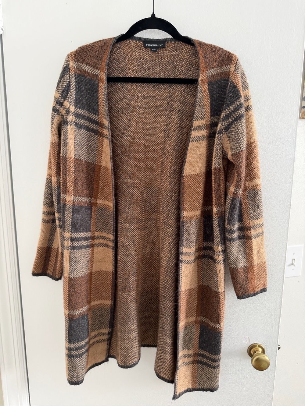 Fortune + Ivy Plaid Open-Front Cardigan in Brown and Tan